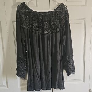 POL Dark Grey Crochet Lace Yoke Top